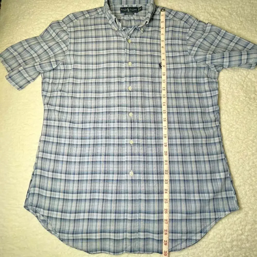 Ralph Lauren Polo Logo Classic Fit Mens M Short Sleeve Blue Plaid Button Down